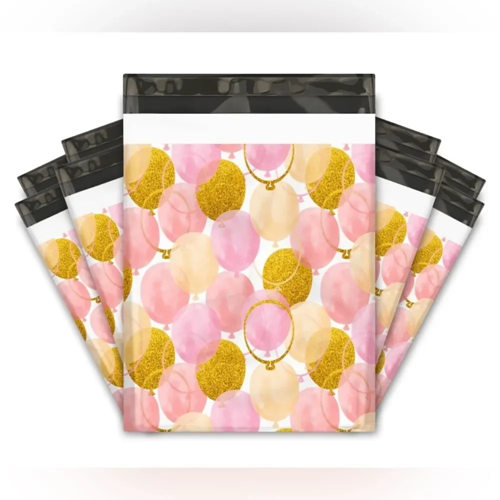 25 CT 10x13 Pink & Gold Balloons Poly Mailers